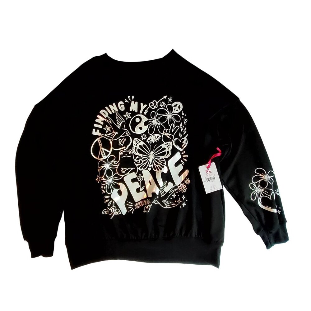 Justice Womens Black "Finding My Peace" Graphic  crewneck sweatshirtTop XL 16/18
